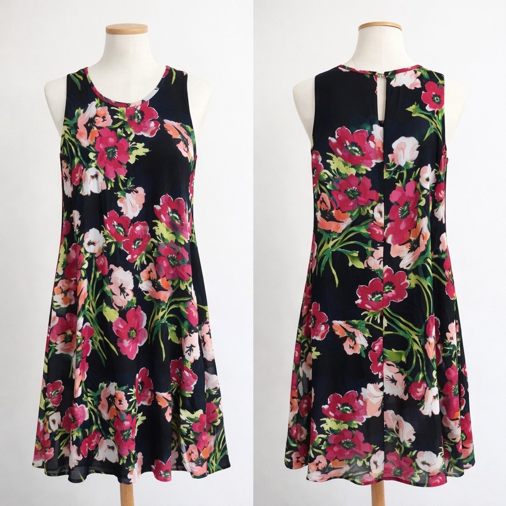 Tommy Hilfiger Women Floral Poppy Print Shift Dress Black-Navy‎ Pink Size 8